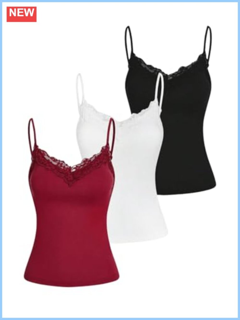 Lace Trim Spaghetti Strap Cami Top Built in Bra 3 Pack Slim Fit